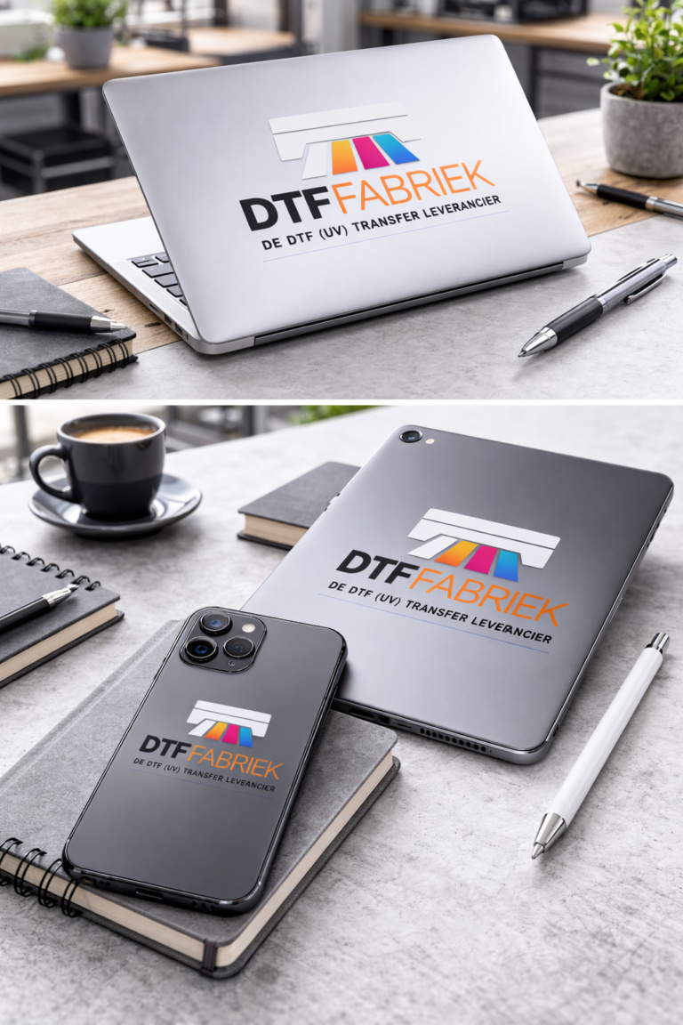 DTF UV-logo op laptop, tablet en smartphone