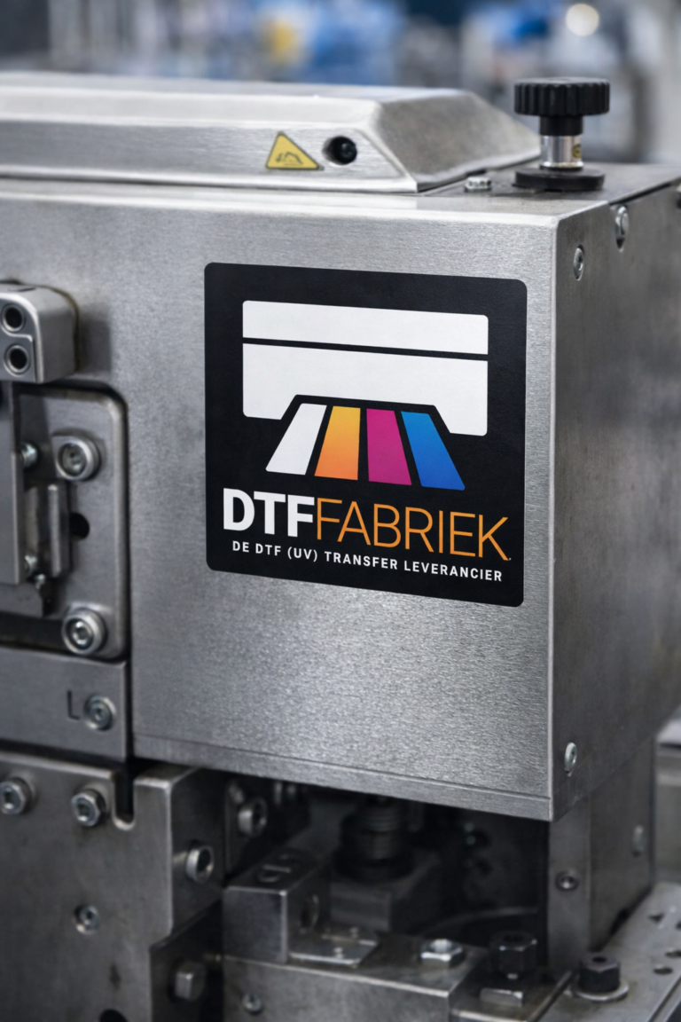 Vast DTF UV-logo aangebracht op een machine
