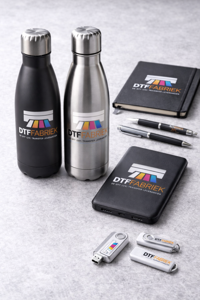 DTF UV-stickers op merchandise: flessen, notitieboek en powerbank