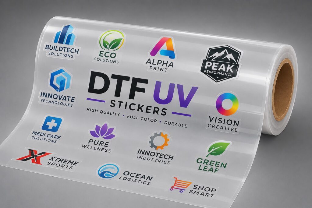 DTF UV stickervel met bedrijfslogos in kleur